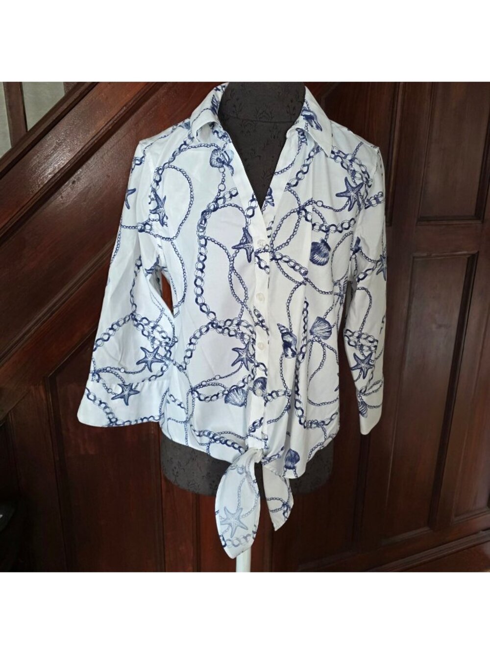 Chicos Womens Button-Up Shirt Tie Hem Size 1 (US 8) Blue Nautical Chain Print